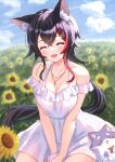  1girl absurdres animal_ear_fluff animal_ears bare_shoulders black_hair blush breasts cleavage closed_eyes day fang flipped_hair hair_between_eyes hair_ornament highres hololive large_breasts long_hair miofa_(ookami_mio) multicolored_hair ookami_mio open_mouth red_hair skin_fang smile streaked_hair togemaru34 very_long_hair virtual_youtuber white_hair wolf_ears wolf_girl yellow_eyes 