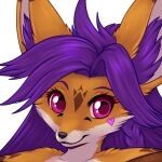  ambiguous_gender anthro black_nose canid canine face_only fox hair heart_(marking) mammal orange_body purple_eyes purple_hair rukifox solo 