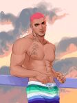  1boy abs bara bored chest_tattoo cowboy_shot esaart facial_hair flower_tattoo gay_male_pride_flag goatee heterochromia highres large_pectorals looking_at_viewer male_focus male_swimwear mature_male muscular muscular_male mustache_stubble navel nipples original pectorals pink_hair print_male_swimwear short_hair solo stomach swim_trunks tattoo thick_eyebrows topless_male undercut 