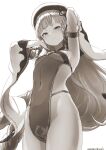  1girl armpits arms_behind_head arms_up bare_shoulders beret blush braid breasts closed_mouth covered_navel detached_sleeves erune eyeliner granblue_fantasy greyscale hat highres leotard long_hair looking_at_viewer makeup monochrome multiple_braids nosuku pholia short_eyebrows side_braids sideless_outfit small_breasts smile solo thighs very_long_hair wide_sleeves 