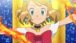  1girl aqua_eyes black_choker blonde_hair blush bow choker closed_mouth collarbone earrings eyelashes fire idol jewelry looking_at_viewer medium_hair mixed-language_commentary noelia_ponce off-shoulder_shirt off_shoulder pokemon pokemon_(anime) pokemon_xy_(anime) red_bow serena_(pokemon) shirt smile solo upper_body watermark white_shirt 
