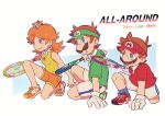  1girl 2boys :o arm_support bangs blue_eyes blue_socks brothers brown_hair character_name closed_mouth collared_shirt commentary_request crown earrings english_text eyelashes facial_hair flower_earrings gloves green_footwear green_headwear green_shirt hat holding holding_racket jewelry kayako_(bimabima) looking_away luigi mario mario_(series) mario_tennis medium_hair mini_crown multiple_boys mustache one_knee open_mouth orange_footwear orange_shirt orange_shorts parted_bangs princess_daisy racket red_footwear red_headwear red_shirt shirt shoes short_shorts short_sleeves shorts siblings sidelocks simple_background sleeveless sleeveless_shirt smile smirk sneakers socks sportswear tennis_racket tennis_uniform v-shaped_eyebrows visor_cap white_background white_gloves white_shorts wing_collar 