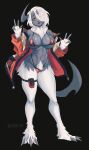  3_claws absol anthro big_breasts bikini black_background breasts chest_tuft claws clothed clothing curvy_figure female fur generation_3_pokemon gesture half-closed_eyes hi_res horn jacket legband micro_bikini narrowed_eyes nintendo noona_plz one_eye_obstructed open_clothing open_jacket open_topwear pokemon pokemon_(species) pubes simple_background skindentation solo standing swimwear thighband tongue topwear tuft v_sign 