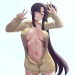  1girl black_hair blue_eyes blush breasts commentary_request double_v fate/grand_order fate_(series) hair_ornament highres hood hoodie jacket long_hair looking_at_viewer medium_breasts naked_hoodie naked_jacket navel one_eye_closed open_mouth parted_bangs rainen_ganbarimashita revealing_clothes side_ponytail simple_background smile solo ushiwakamaru_(fate) v white_background 