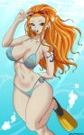  1girl absurdres arm_behind_back bikini blue_bikini breasts brown_eyes collarbone earrings elpipe_3000 flippers forehead goggles goggles_on_head groin highres jewelry large_breasts long_hair looking_at_viewer nami_(one_piece) navel one_piece orange_hair pearl_earrings shoulder_tattoo snorkel snorkel_in_mouth solo stomach submerged swimsuit tattoo thighs v very_long_hair water wavy_hair wide_hips 