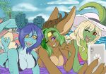 anthro arctic-sekai beach blonde_hair blue_body blue_hair blue_skin breasts brown_body brown_fur cellphone female fin fur green_body green_hair green_skin group hair hi_res mammal one_eye_closed outside palm_tree phone plant red_eyes reptile scalie seaside tree trio unknown_character wink yellow_eyes 