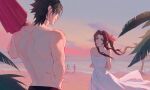  1girl 3boys aerith_gainsborough arms_behind_back bald beach beach_umbrella black_hair black_male_swimwear brown_hair carrying carrying_over_shoulder chasing chinese_commentary cloud cloudy_sky cluck_gugu commentary crisis_core_final_fantasy_vii dress facing_away final_fantasy final_fantasy_vii green_eyes hair_ribbon hand_on_own_hip highres holding holding_beach_umbrella holding_innertube innertube light_smile long_hair low_ponytail male_swimwear multicolored_sky multiple_boys muscular muscular_male ocean outstretched_arms over_shoulder palm_leaf palm_tree parted_bangs parted_lips pink_ribbon ponytail red_hair red_sky reno_(ff7) ribbon rude_(ff7) running short_hair sidelocks sky standing sundress sunglasses sunset swim_briefs swim_trunks topless_male tree twilight umbrella water wavy_hair white_dress wind zack_fair 