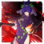  1girl black_gloves black_hair breasts cowboy_shot dress elbow_gloves flower gloves grape_print highres long_hair looking_at_viewer naozi orchid puffy_short_sleeves puffy_sleeves purple_dress red_background short_sleeves smile solo touhou twitter_username unfinished_dream_of_all_living_ghost yomotsu_hisami 