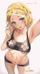  1girl areola_slip armpits blonde_hair blue_eyes blush braid breasts collarbone covered_nipples crop_top green_eyes hair_ornament highres jewelry liremi looking_at_viewer medium_breasts navel open_mouth pointy_ears princess_zelda short_hair short_shorts shorts signature smile solo the_legend_of_zelda 