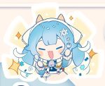  1girl beamed_eighth_notes bell blue_bow blue_bowtie blue_hair blush_stickers bow bowtie capelet cheese chibi closed_eyes commentary cowbell curvy_hair dual_wielding facing_viewer fake_horns food fork fur-trimmed_capelet fur_trim hair_ornament hands_up hatsune_miku holding horns ice_cream_cone inomo_(qimoshu) long_hair musical_note musical_note_hair_ornament neck_bell no_gloves notice_lines omake open_mouth smile snowflake_print snowflakes solo sparkle spoon sprinkles sunburst swiss_cheese thank_you twintails very_long_hair vocaloid waffle_cone white_hair white_headdress yellow_background yellow_capelet yuki_miku 