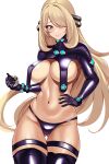  1girl alternate_costume ass_visible_through_thighs blonde_hair breasts closed_mouth cowboy_shot cynthia_(pokemon) gantz gantz_suit grey_eyes groin hair_over_one_eye hand_on_own_hip highres holding holding_poke_ball large_breasts long_hair looking_at_viewer navel poke_ball pokemon pokemon_(game) pokemon_dppt shrug_(clothing) simple_background solo stomach thighhighs thighs ultra_ball very_long_hair volyz white_background 