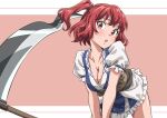  1girl breasts brown_background cleavage commentary gyouza_(mhea5724) hair_bobbles hair_ornament highres large_breasts looking_at_viewer onozuka_komachi open_mouth red_eyes red_hair sash scythe short_sleeves solo touhou two_side_up 