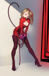  1girl absurdres beeeeen blonde_hair blue_eyes bodysuit boots breasts cleavage fake_tail full_body high_heel_boots high_heels highres holding holding_rope long_hair parted_lips persona persona_5 red_bodysuit red_thighhighs rope solo tail takamaki_anne thigh_boots thighhighs twintails zipper zipper_pull_tab 