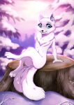  2_tails anthro arctic_fox blue_eyes canid canine ear_piercing ear_ring female_(lore) forest fox fur hi_res mammal multi_tail outside piercing plant ring_piercing rukifox sitting snow solo tail tree tree_stump white_body white_fur 