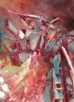  anksha arm_cannon battle beam_cannon building cloud dutch_angle earth_federation gundam gundam_unicorn highres ink_(medium) koukaku machinery mecha mobile_suit no_humans painting_(medium) robot scan science_fiction shield smoke traditional_media watercolor_(medium) weapon 