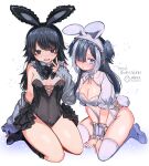  2girls absurdres animal_ears ano_nimaru bare_legs black_bow black_bowtie black_footwear black_hair black_leotard blue_eyes blue_footwear blue_hair blush boots bow bowtie breasts cleavage commentary_request commission detached_sleeves embarrassed fake_animal_ears hair_over_one_eye highres knee_boots large_breasts leotard long_hair looking_at_viewer medium_breasts multicolored_hair multiple_girls original parted_lips pixiv_commission playboy_bunny purple_eyes rabbit_ears rabbit_tail shrug_(clothing) simple_background smile sparkle star_(symbol) strapless strapless_leotard streaked_hair tail thighhighs v white_background white_hair white_leotard white_shrug white_thighhighs 