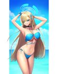  1girl arms_up asuna_(blue_archive) bandeau bare_arms bare_shoulders bikini blonde_hair blue_archive blue_bikini blue_choker blue_eyes blue_ribbon blue_sky breasts choker cloud cowboy_shot day english_commentary grin hair_ribbon highres large_breasts long_hair looking_at_viewer navel ribbon side-tie_bikini_bottom simonz1987 sky smile solo standing stomach swimsuit thighs very_long_hair 