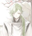  1boy black_kimono green_eyes green_hair ha_yasen hair_over_one_eye hair_over_shoulder indoors japanese_clothes kariginu kimono long_hair looking_at_viewer looking_down low_ponytail male_focus painting_(object) scar scar_on_face smile solo straight-on swept_bangs touken_ranbu uguisumaru upper_body 
