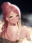  1girl blush borgbutler breasts closed_mouth completely_nude highres long_hair looking_at_viewer love_live! love_live!_sunshine!! medium_breasts nude onsen partially_submerged red_hair sakurauchi_riko smile solo water yellow_eyes 