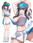  1girl absurdres alternate_breast_size animal_ears arms_up bare_legs black_hair blue_archive blue_eyes blush bottle breasts cheerleader cleavage dishui_tangni dog_ears double_v extra_ears gloves goggles goggles_on_head halo hibiki_(blue_archive) hibiki_(cheer_squad)_(blue_archive) highres huge_breasts looking_at_viewer midriff miniskirt multiple_views navel official_alternate_costume ouendan pleated_skirt ponytail shoes simple_background single_glove skirt sneakers sports_bra star_(symbol) star_sticker sticker_on_face stomach two-tone_sports_bra v water_bottle white_background 