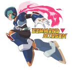  1boy armor belt body_armor bodystocking boots forehead_jewel gauntlets gloves green_eyes helmet highres logo looking_to_the_side male_focus mega_man_(series) mega_man_x:_command_mission mega_man_x_(series) official_alternate_costume phfr3843 red_scarf running scarf white_background x_(mega_man) 
