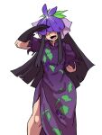  1girl absurdres black_gloves black_hair china_dress chinese_clothes commentary covered_eyes dress eddybird55555 flower flower_on_head gloves grape_print highres long_hair open_mouth purple_dress sidelocks simple_background solo touhou unfinished_dream_of_all_living_ghost white_background yomotsu_hisami 