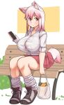  animal_humanoid bag bench big_breasts big_butt blush breasts butt canid canid_humanoid canine canine_humanoid cleavage clothed clothing dog_humanoid female groceries hair hi_res huge_breasts humanoid looking_aside mammal mammal_humanoid phone pink_eyes pink_hair sakanadaze sitting solo tail thick_thighs 