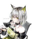  1girl absurdres animal_ears arknights bare_shoulders cat_ears coffee cup green_eyes grey_hair highres holding holding_cup kal&#039;tsit_(arknights) lab_coat looking_at_viewer milktea_wegan simple_background solo white_background 