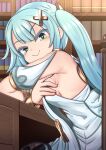  &gt;:) 1girl aqua_hair armpits bracelet breasts closed_mouth commentary_request desk dress faruzan_(genshin_impact) genshin_impact green_eyes hair_ornament hand_on_own_chest highres jewelry lemon_snail library looking_at_viewer short_sleeves small_breasts solo spread_armpit symbol-shaped_pupils triangle-shaped_pupils twintails v-shaped_eyebrows white_dress x_hair_ornament 
