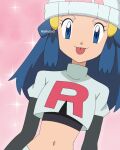  1girl beanie black_gloves black_shirt closed_mouth commentary cosplay cropped_jacket dawn_(pokemon) elbow_gloves gloves hair_ornament hairclip hat jacket jessie_(pokemon) jessie_(pokemon)_(cosplay) jiffy0v0 long_hair looking_at_viewer midriff navel pink_background pokemon pokemon_(anime) pokemon_dppt_(anime) shirt sidelocks smile solo team_rocket team_rocket_uniform tongue tongue_out upper_body white_headwear white_jacket 