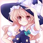  1girl black_vest blonde_hair brown_eyes collared_shirt colorized frilled_ribbon frills hair_between_eyes hand_on_headwear hand_on_hip hat hat_ribbon kirisame_marisa kurosu_rino large_hat long_hair looking_at_viewer lucie open_mouth puffy_short_sleeves puffy_sleeves ribbon shirt short_sleeves solo teeth touhou upper_body v-shaped_eyebrows vest white_ribbon white_shirt witch_hat 