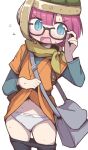  1girl bag black-framed_eyewear blue_eyes blush chrono_trigger clothes_lift dokan_(dkn) flying_sweatdrops glasses grey_panties hat long_sleeves lucca_ashtear open_mouth orange_tunic panties pink_hair scarf short_hair simple_background solo sweat tunic tunic_lift underwear white_background yellow_scarf 