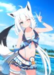  1girl absurdres ahoge animal_ear_fluff animal_ears braid commentary_request earrings fox_ears fox_girl fox_tail green_eyes hair_between_eyes highres hololive hololive_summer_2023_swimsuit jewelry long_hair looking_at_viewer pentagram sen_(sen42724788) shirakami_fubuki sidelocks single_braid solo tail v virtual_youtuber white_hair 