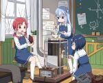  3girls ahoge blue_eyes blue_hair blush board_eraser chair chalkboard chimame-tai classroom collarbone cooking food gochuumon_wa_usagi_desu_ka? grey_scarf grilling hair_ornament hair_scrunchie holding holding_food jouga_maya kafuu_chino kafuu_chino&#039;s_school_uniform kneehighs long_sleeves marshmallow mohei multiple_girls natsu_megumi open_mouth red_eyes red_hair roasted_sweet_potato scarf school_uniform scrunchie shoes sitting smile snowing socks standing sweet_potato tree twintails white_socks window x_hair_ornament 