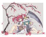  2girls bare_tree barefoot black_skirt closed_eyes closed_mouth commentary flower frilled_skirt frills full_body green_hair hair_bobbles hair_ornament highres looking_at_viewer multiple_girls onozuka_komachi primsla red_eyes red_flower shiki_eiki short_hair sitting skirt smile spider_lily touhou tree two_side_up 