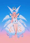  1girl absurdres armpits arms_behind_head bare_legs blue_background crescent_moon dress extra_eyes gradient_background highres meyoco moon multiple_wings no_nose original parted_lips pink_background pink_footwear shadow shoes solo strapless strapless_dress white_dress wings 