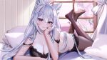  1girl absurdres animal_ear_fluff animal_ears ass black_nails breasts character_request chenchen cleavage collarbone commission curtains feet grey_hair hair_between_eyes hand_on_own_cheek hand_on_own_face highres indie_virtual_youtuber large_breasts long_hair lying on_stomach pillow purple_eyes solo thighhighs tree window 
