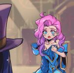  2girls :o bare_shoulders blue_dress blurry blurry_background blush caitlyn_(league_of_legends) collarbone cosplay dress hat league_of_legends long_hair long_sleeves multiple_girls oversized_clothes phantom_ix_row pink_hair purple_headwear seraphine_(league_of_legends) solo_focus sona_(league_of_legends) sona_(league_of_legends)_(cosplay) star_tattoo tattoo teeth top_hat upper_teeth_only 