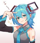  :3 alternate_hairstyle aqua_eyes aqua_hair aqua_necktie bare_shoulders blush commentary detached_sleeves dot_nose enipa_28 grey_shirt hatsune_miku highres looking_at_viewer necktie shirt short_hair shoulder_tattoo sound_effects sparkle tattoo upper_body v_arms v_over_head vocaloid wolf_cut 