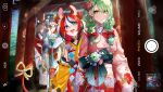  4girls absurdres animal_ears black_hair braid brown_hair ceres_fauna ceres_fauna_(new_year) closed_mouth commentary english_commentary floral_print floral_print_kimono from_behind furisode green_hair hakos_baelz hakos_baelz_(new_year) highres holocouncil hololive hololive_english japanese_clothes kimono low_twin_braids mouse_ears mouse_girl mouse_tail moyomo multicolored_hair multiple_girls multiple_torii nanashi_mumei nanashi_mumei_(new_year) official_alternate_hair_length official_alternate_hairstyle open_mouth ouro_kronii ouro_kronii_(new_year) red_hair ribbon sharp_teeth smile streaked_hair tail tail_ornament tail_ribbon teeth torii twin_braids user_interface viewfinder virtual_youtuber white_hair white_kimono 