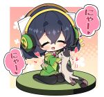  1girl :d ^_^ absurdres animal animal_ear_fluff black_hair black_thighhighs blush brown_background cat closed_eyes collared_shirt commentary_request detached_sleeves green_jacket green_skirt green_sleeves hair_between_eyes halftone halftone_background headphones highres holding holding_animal jacket kyoumachi_seika long_sleeves milkpanda necktie notice_lines red_necktie shirt short_eyebrows sitting skirt sleeveless sleeveless_jacket sleeves_past_wrists smile solo thick_eyebrows thighhighs translation_request voiceroid wariza white_shirt wide_sleeves 