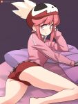  1girl artist_name ass bare_legs barefoot beret breasts buruma cameltoe closed_mouth commentary elbow_rest eyelashes feathers from_side gym_uniform hair_up hat hat_feather head_rest highres jacket jakuzure_nonon kill_la_kill light_blush long_sleeves looking_at_viewer looking_to_the_side lying on_bed on_side paid_reward_available patreon_logo patreon_username pillow pink_eyes pink_hair pink_jacket raised_eyebrows red_buruma red_headwear romaji_commentary short_eyebrows sidelocks single_vertical_stripe skull_print small_breasts smile solo thick_eyebrows tobias_wheller track_jacket white_feathers 