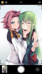  2girls :t absurdres aqua_eyes black_hairband budgiepon c.c. closed_eyes closed_mouth code_geass commentary cosplay cowboy_shot eyelashes facing_viewer green_hair grin gundam gundam_suisei_no_majo hair_between_eyes hairband hand_up highres kallen_stadtfeld long_hair long_sleeves looking_at_viewer medium_hair miorine_rembran miorine_rembran_(cosplay) multiple_girls necktie nose parted_bangs purple_hair red_necktie short_necktie sidelocks simple_background smile standing straight_hair suletta_mercury suletta_mercury_(cosplay) v v-shaped_eyebrows v_over_head very_long_hair viewfinder white_background wide_sleeves yellow_necktie 