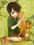  ! 1boy aged_down animal artist_name bad_id bad_pixiv_id black_hair branch brown_eyes brown_fur brown_pants collared_shirt commentary_request dog fingernails flying_sweatdrops full_body grass green_background green_eyes green_shirt hair_over_one_eye holding holding_animal holding_dog kagerou_project komyu_(masheri) leaf leaf_background looking_at_animal looking_down male_child male_focus mekakucity_actors no_hairclip one_eye_closed open_collar open_mouth pants red_footwear seto_kousuke shirt shoelaces short_hair short_sleeves sitting socks solo two-tone_footwear white_footwear white_socks 