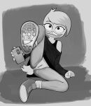 anatid anseriform anthro anus avian bird bottomless bottomless_female cellphone clothed clothing disney drockdraw duck ducktales ducktales_(2017) female footwear genitals hi_res holding_object lena_(ducktales) looking_at_viewer monochrome phone pussy shirt shoes solo topwear young 