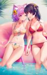  2girls animal_ear_fluff animal_ears bikini black_hair blue_eyes breasts cat_ears cat_tail flower frilled_bikini frills hair_flower hair_ornament highres holding_hands innertube long_hair looking_at_another medium_breasts multiple_girls navel o-ring o-ring_bikini one_eye_closed open_mouth original purple_eyes purple_hair red_bikini rimuu short_hair sitting swimsuit tail yellow_bikini 