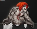  anthro barbell_piercing body_hair brown_eyes claws convenient_censorship ear_piercing forsburn fur fur_tattoo grey_body grey_fur hair happy_trail hyena male mammal mane mane_hair markings muscular muscular_anthro muscular_male nipple_piercing nipples nude paws piercing pose posed pubes red_hair rivals_of_aether sitting skull_(marking) solo solo_focus spelunker_sal spots spotted_body spotted_fur spotted_hyena tasteful_nudity 