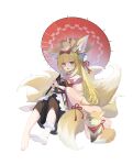  1girl absurdres animal_ear_fluff animal_ears animal_on_head apron arknights barefoot black_hakama blonde_hair blush bobby_socks chinese_commentary commentary_request fang flower fox fox_ears fox_girl fox_on_head fox_tail frilled_apron frills full_body green_eyes hair_flower hair_ornament hairband hakama hakama_skirt highres holding holding_umbrella japanese_clothes kimono kitsune kyuubi long_sleeves multicolored_hair multiple_tails ningmeng_jing_jing_jing_jing no_shoes obi official_alternate_costume oil-paper_umbrella on_head open_mouth pink_kimono pinwheel red_hairband red_umbrella sash simple_background single_sock skirt socks solo suzuran_(arknights) suzuran_(yukibare)_(arknights) tail toes two-tone_hair umbrella waist_apron white_apron white_background white_hair white_socks wide_sleeves 