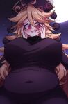  1girl @_@ absurdres black_headwear blonde_hair blush breasts cosplay covered_navel from_below hands_on_own_cheeks hands_on_own_face hex_maniac_(pokemon) hex_maniac_(pokemon)_(cosplay) highres junko_(touhou) large_breasts littlecloudie long_hair looking_at_viewer open_mouth plump red_eyes smile solo touhou 