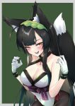  1girl animal_ears bare_shoulders black_hair breasts cleavage fang gloves hair_ornament highres kemonomimi_mode long_hair open_mouth purple_ribbon ribbon solo tail touhoku_zunko voiceroid white_gloves yellow_eyes zooanime 